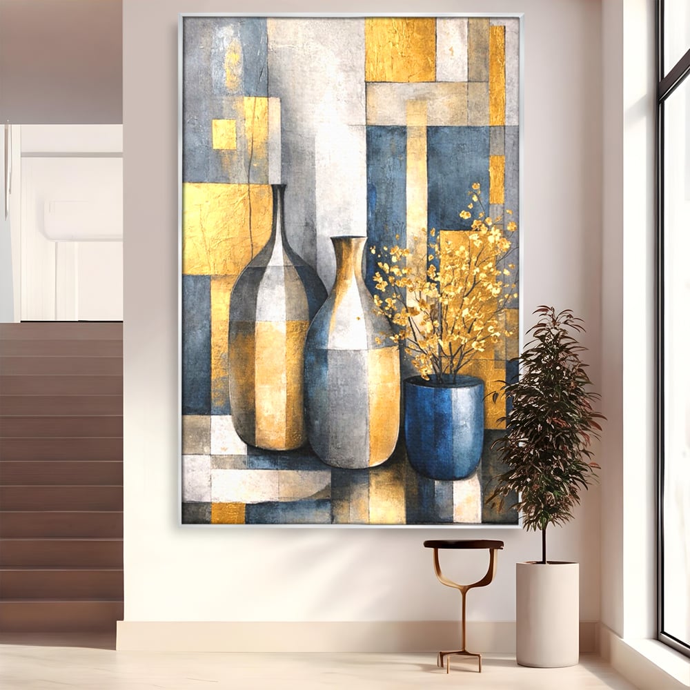 Tablou Canvas Premium, LuxCanva® C1284, Obiecte care asculta, Geometrie, Culori, Abstract, Foita, Auriu, Sofisticat, Obiecte, Forma, Ceramica, Natura, Statica, Expozitie, Birou, Living, Dormitor