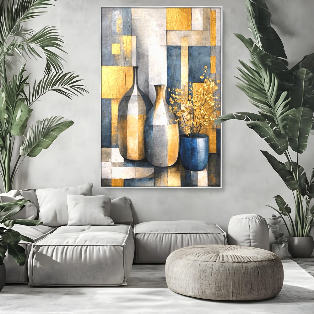 Tablou Canvas Premium, LuxCanva® C1284, Obiecte care asculta, Geometrie, Culori, Abstract, Foita, Auriu, Sofisticat, Obiecte, Forma, Ceramica, Natura, Statica, Expozitie, Birou, Living, Dormitor