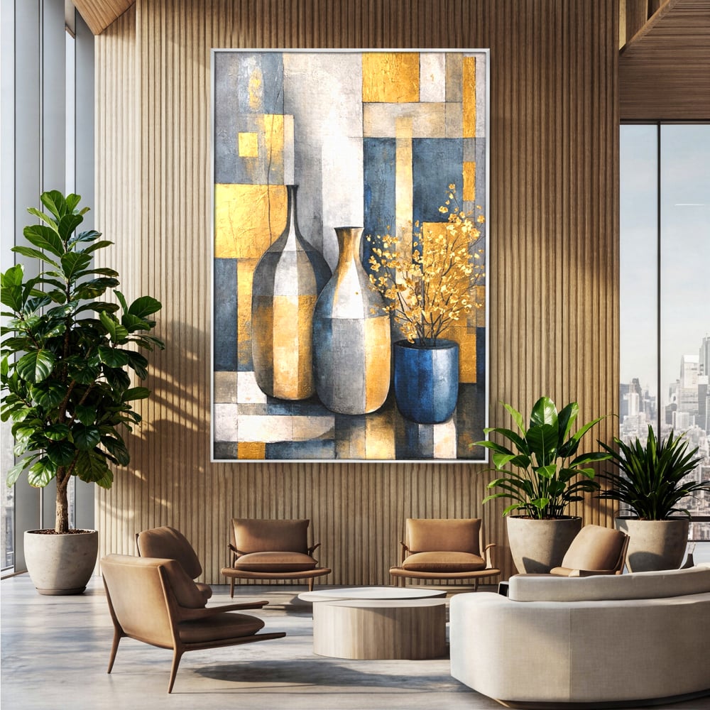 Tablou Canvas Premium, LuxCanva® C1284, Obiecte care asculta, Geometrie, Culori, Abstract, Foita, Auriu, Sofisticat, Obiecte, Forma, Ceramica, Natura, Statica, Expozitie, Birou, Living, Dormitor
