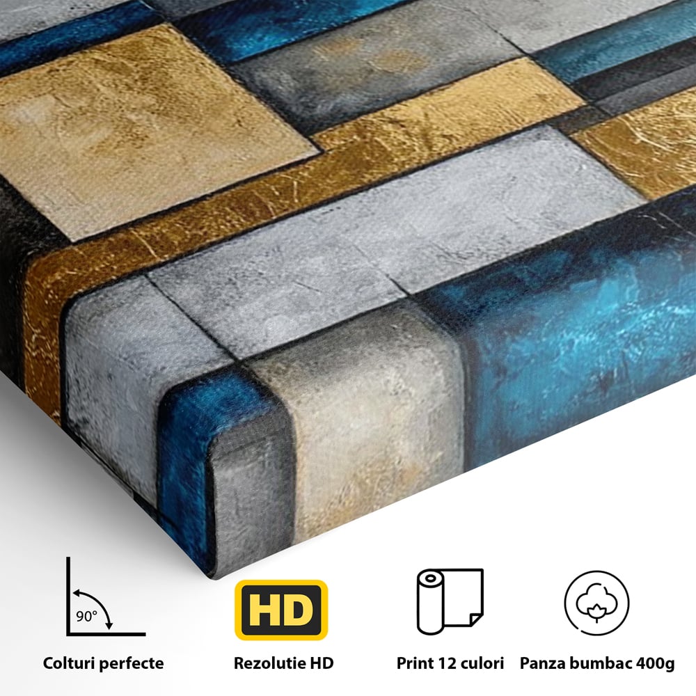 Tablou Canvas Premium, LuxCanva® C1285, Aur printre ziduri, Geometrie, Culori, Abstract, Auriu, Albastru, Linii, Straturi, Constructie, Profunzime, Minimalist, Modernism, Birou, Living, Dormitor