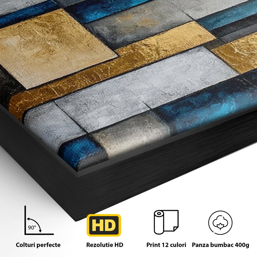 Tablou Canvas Premium, LuxCanva® C1285, Aur printre ziduri, Geometrie, Culori, Abstract, Auriu, Albastru, Linii, Straturi, Constructie, Profunzime, Minimalist, Modernism, Birou, Living, Dormitor
