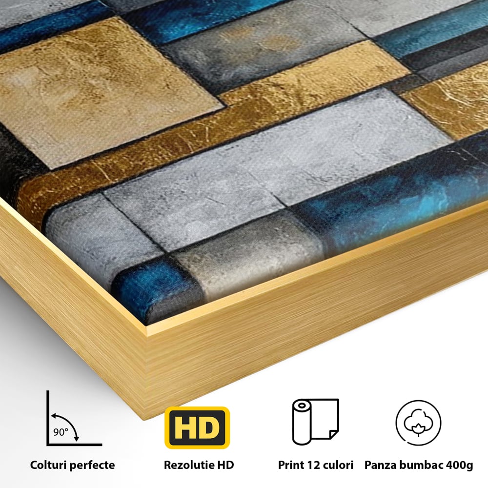 Tablou Canvas Premium, LuxCanva® C1285, Aur printre ziduri, Geometrie, Culori, Abstract, Auriu, Albastru, Linii, Straturi, Constructie, Profunzime, Minimalist, Modernism, Birou, Living, Dormitor