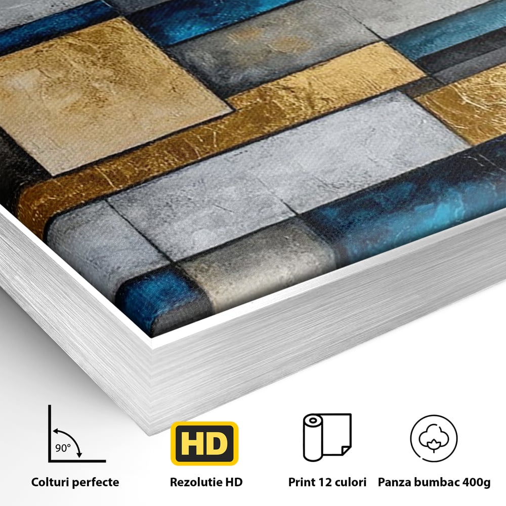 Tablou Canvas Premium, LuxCanva® C1285, Aur printre ziduri, Geometrie, Culori, Abstract, Auriu, Albastru, Linii, Straturi, Constructie, Profunzime, Minimalist, Modernism, Birou, Living, Dormitor