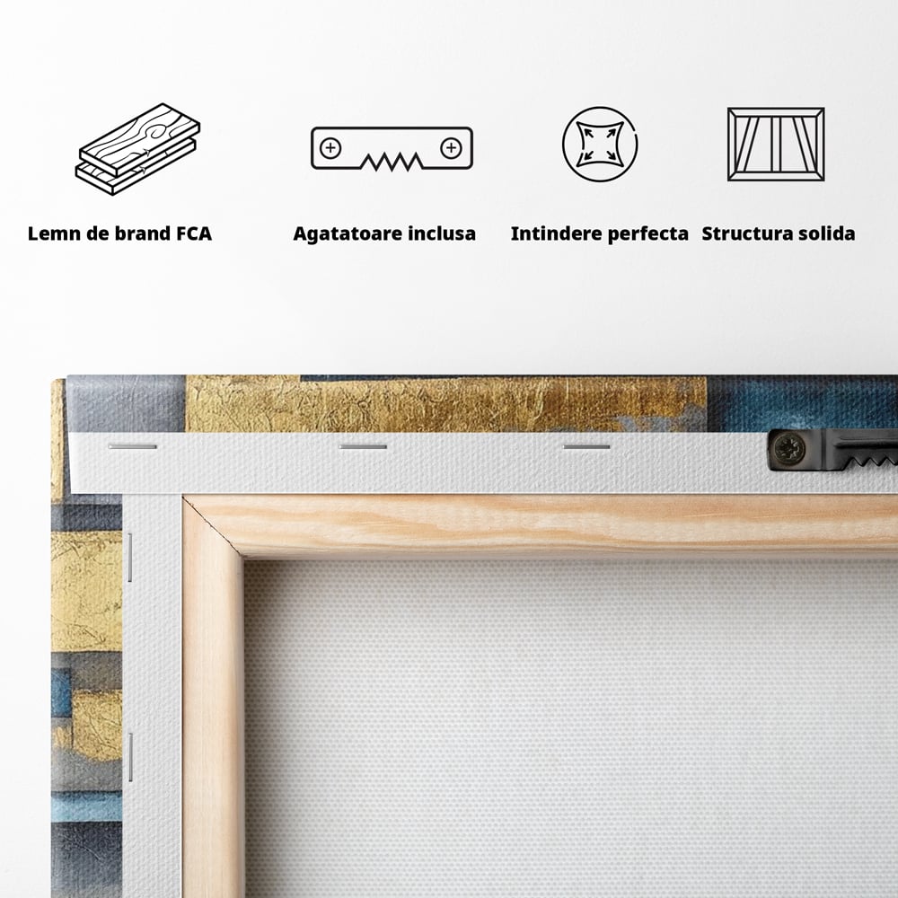 Tablou Canvas Premium, LuxCanva® C1285, Aur printre ziduri, Geometrie, Culori, Abstract, Auriu, Albastru, Linii, Straturi, Constructie, Profunzime, Minimalist, Modernism, Birou, Living, Dormitor