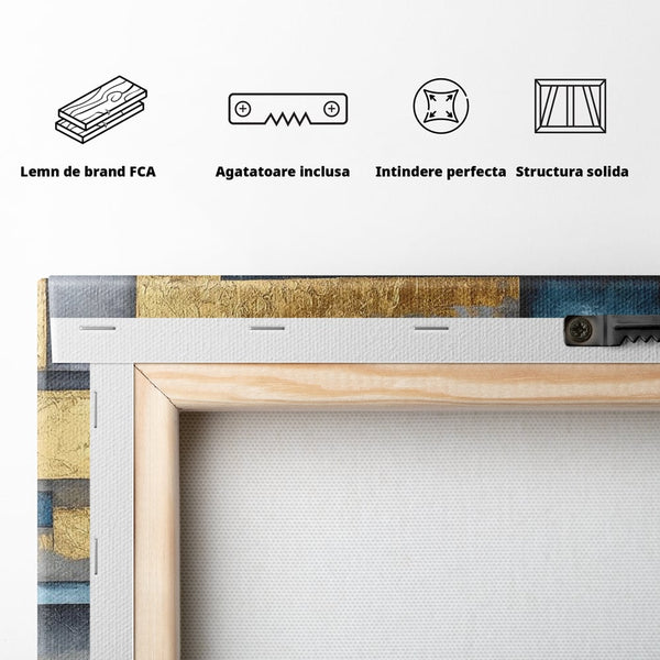 Tablou Canvas Premium, LuxCanva® C1285, Aur printre ziduri, Geometrie, Culori, Abstract, Auriu, Albastru, Linii, Straturi, Constructie, Profunzime, Minimalist, Modernism, Birou, Living, Dormitor