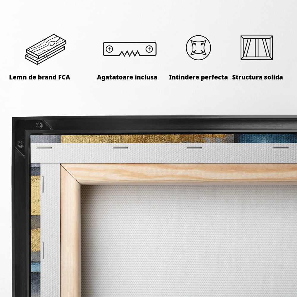 Tablou Canvas Premium, LuxCanva® C1285, Aur printre ziduri, Geometrie, Culori, Abstract, Auriu, Albastru, Linii, Straturi, Constructie, Profunzime, Minimalist, Modernism, Birou, Living, Dormitor