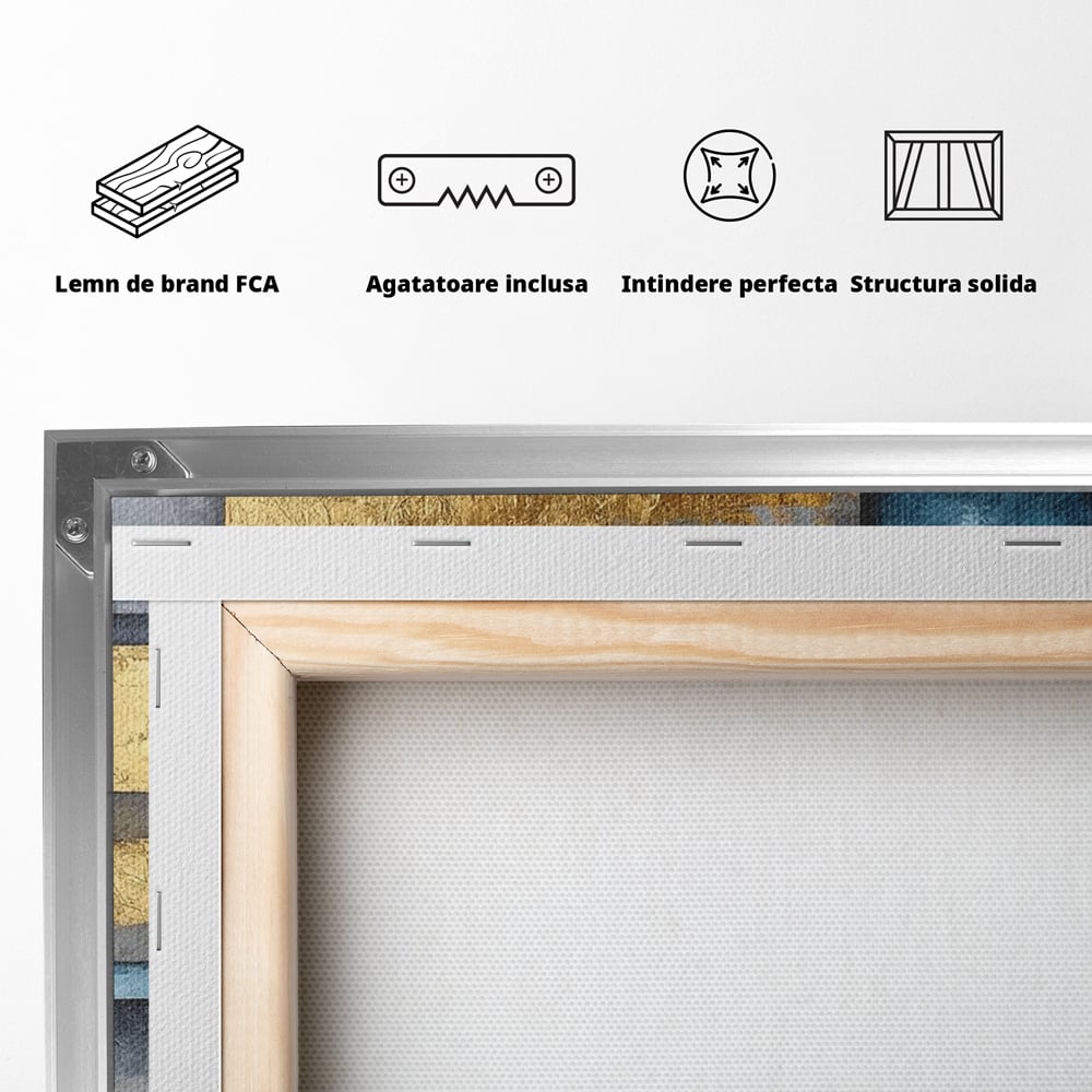 Tablou Canvas Premium, LuxCanva® C1285, Aur printre ziduri, Geometrie, Culori, Abstract, Auriu, Albastru, Linii, Straturi, Constructie, Profunzime, Minimalist, Modernism, Birou, Living, Dormitor