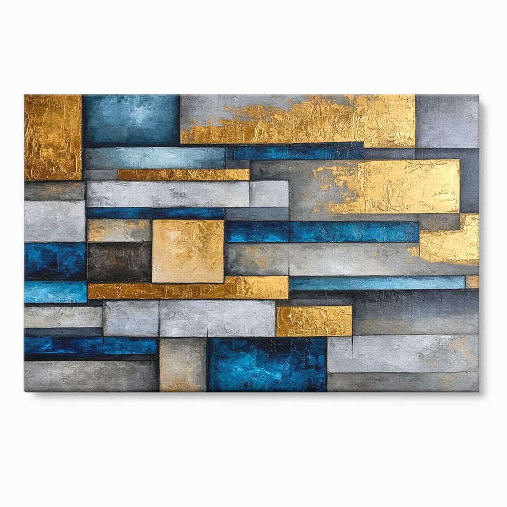 Tablou Canvas Premium, LuxCanva® C1285, Aur printre ziduri, Geometrie, Culori, Abstract, Auriu, Albastru, Linii, Straturi, Constructie, Profunzime, Minimalist, Modernism, Birou, Living, Dormitor