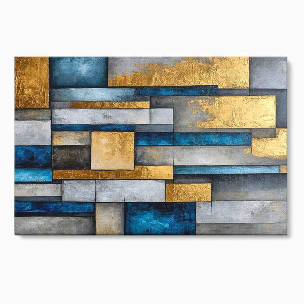 Tablou Canvas Premium, LuxCanva® C1285, Aur printre ziduri, Geometrie, Culori, Abstract, Auriu, Albastru, Linii, Straturi, Constructie, Profunzime, Minimalist, Modernism, Birou, Living, Dormitor