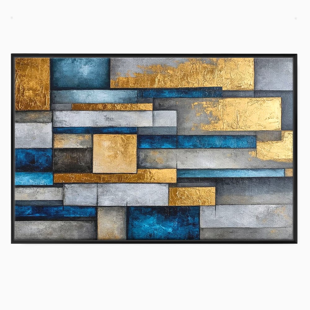 Tablou Canvas Premium, LuxCanva® C1285, Aur printre ziduri, Geometrie, Culori, Abstract, Auriu, Albastru, Linii, Straturi, Constructie, Profunzime, Minimalist, Modernism, Birou, Living, Dormitor