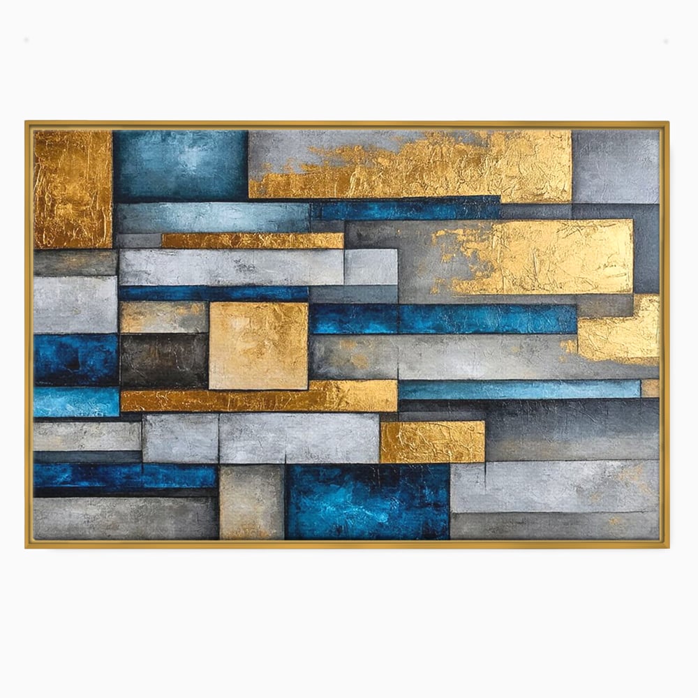 Tablou Canvas Premium, LuxCanva® C1285, Aur printre ziduri, Geometrie, Culori, Abstract, Auriu, Albastru, Linii, Straturi, Constructie, Profunzime, Minimalist, Modernism, Birou, Living, Dormitor