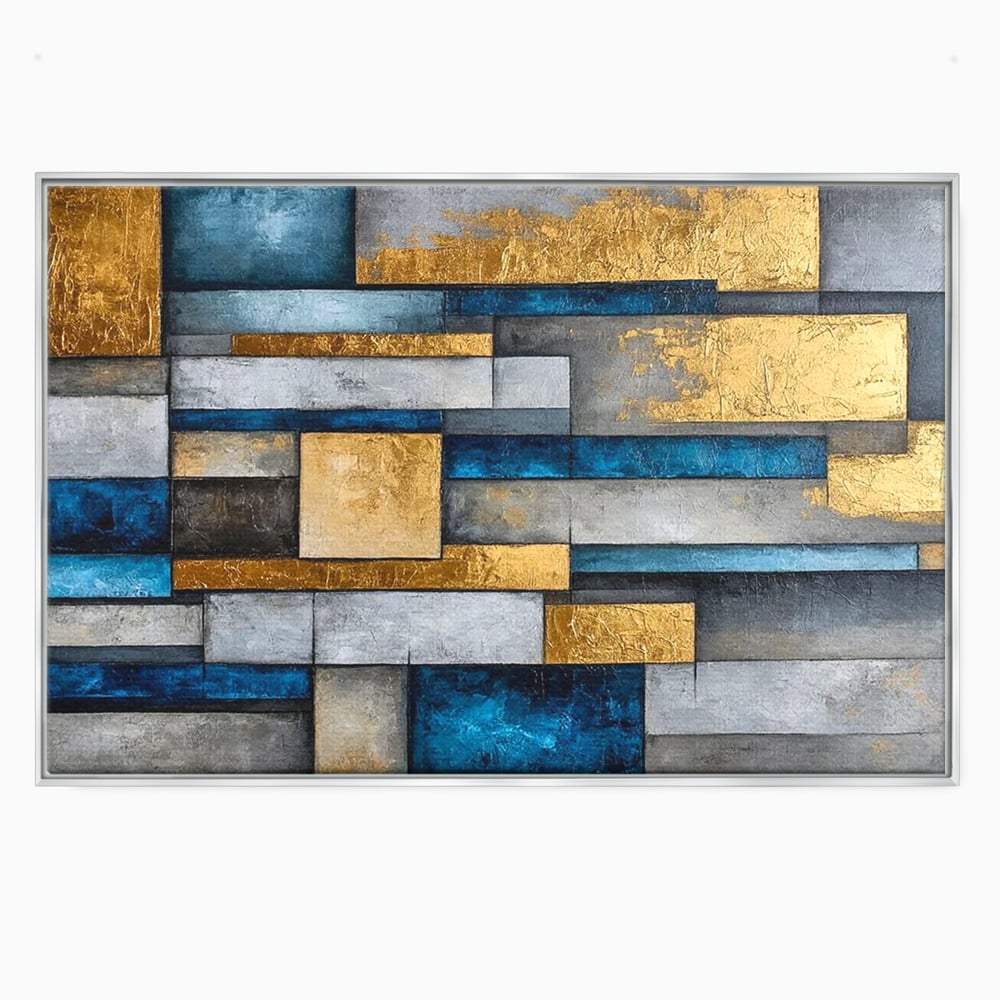 Tablou Canvas Premium, LuxCanva® C1285, Aur printre ziduri, Geometrie, Culori, Abstract, Auriu, Albastru, Linii, Straturi, Constructie, Profunzime, Minimalist, Modernism, Birou, Living, Dormitor