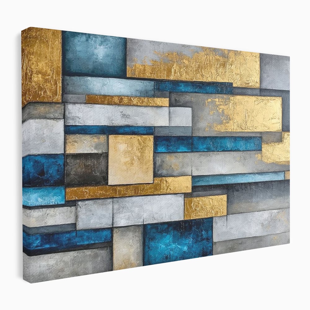 Tablou Canvas Premium, LuxCanva® C1285, Aur printre ziduri, Geometrie, Culori, Abstract, Auriu, Albastru, Linii, Straturi, Constructie, Profunzime, Minimalist, Modernism, Birou, Living, Dormitor