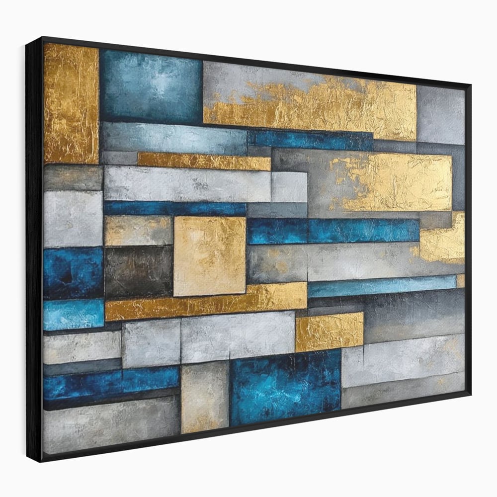 Tablou Canvas Premium, LuxCanva® C1285, Aur printre ziduri, Geometrie, Culori, Abstract, Auriu, Albastru, Linii, Straturi, Constructie, Profunzime, Minimalist, Modernism, Birou, Living, Dormitor