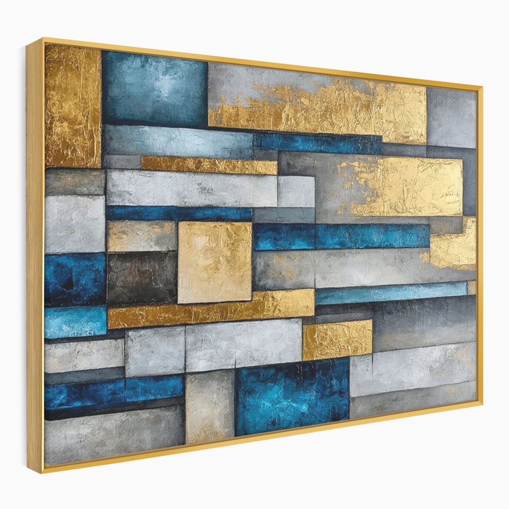 Tablou Canvas Premium, LuxCanva® C1285, Aur printre ziduri, Geometrie, Culori, Abstract, Auriu, Albastru, Linii, Straturi, Constructie, Profunzime, Minimalist, Modernism, Birou, Living, Dormitor