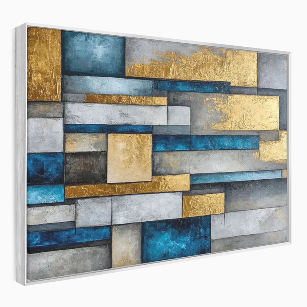 Tablou Canvas Premium, LuxCanva® C1285, Aur printre ziduri, Geometrie, Culori, Abstract, Auriu, Albastru, Linii, Straturi, Constructie, Profunzime, Minimalist, Modernism, Birou, Living, Dormitor