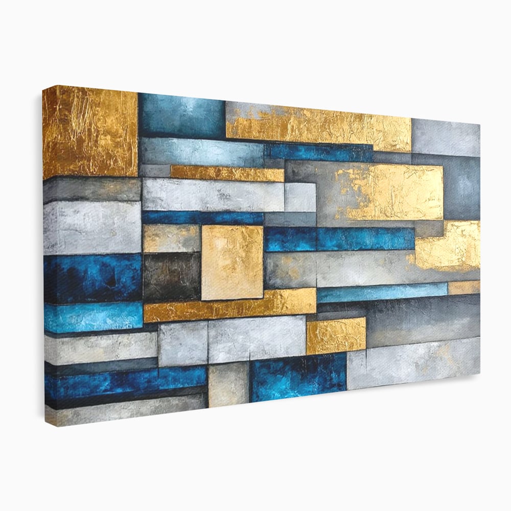 Tablou Canvas Premium, LuxCanva® C1285, Aur printre ziduri, Geometrie, Culori, Abstract, Auriu, Albastru, Linii, Straturi, Constructie, Profunzime, Minimalist, Modernism, Birou, Living, Dormitor