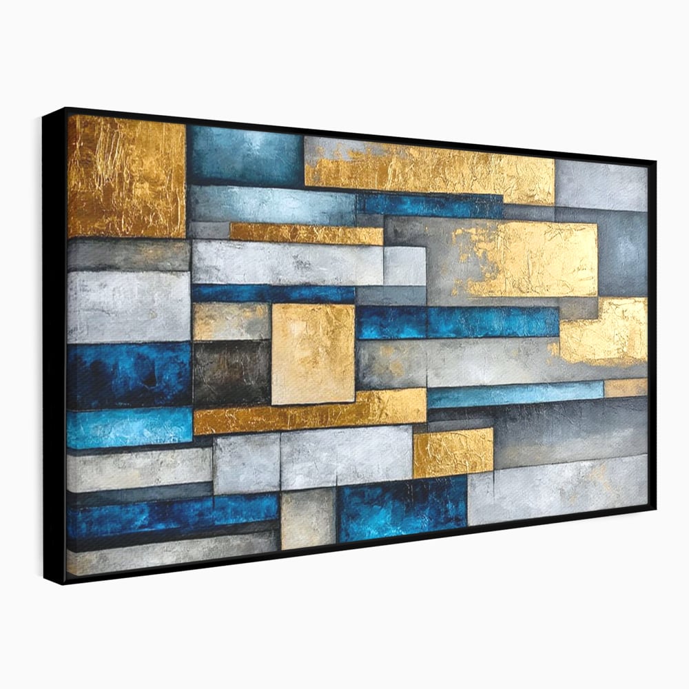 Tablou Canvas Premium, LuxCanva® C1285, Aur printre ziduri, Geometrie, Culori, Abstract, Auriu, Albastru, Linii, Straturi, Constructie, Profunzime, Minimalist, Modernism, Birou, Living, Dormitor