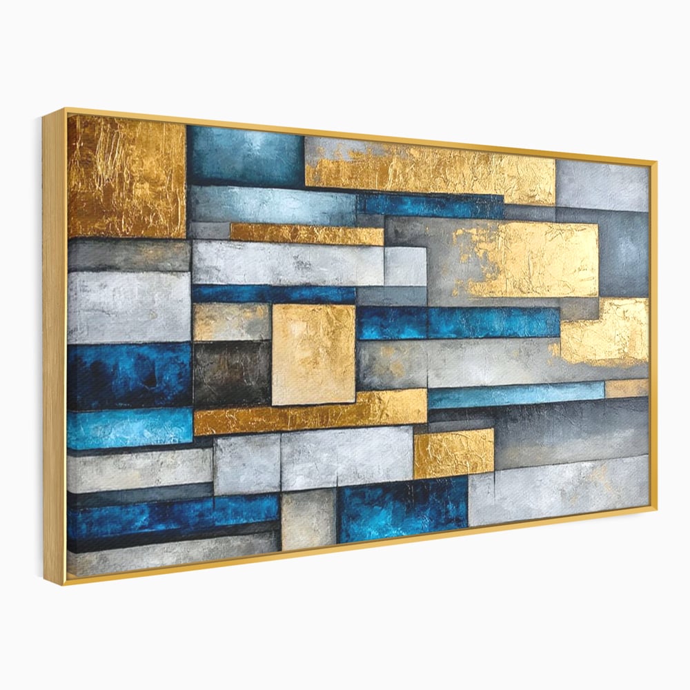 Tablou Canvas Premium, LuxCanva® C1285, Aur printre ziduri, Geometrie, Culori, Abstract, Auriu, Albastru, Linii, Straturi, Constructie, Profunzime, Minimalist, Modernism, Birou, Living, Dormitor
