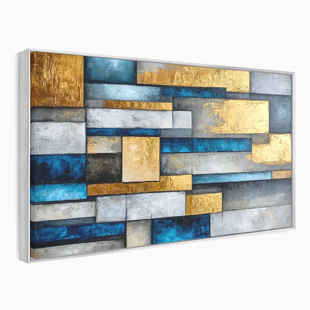 Tablou Canvas Premium, LuxCanva® C1285, Aur printre ziduri, Geometrie, Culori, Abstract, Auriu, Albastru, Linii, Straturi, Constructie, Profunzime, Minimalist, Modernism, Birou, Living, Dormitor