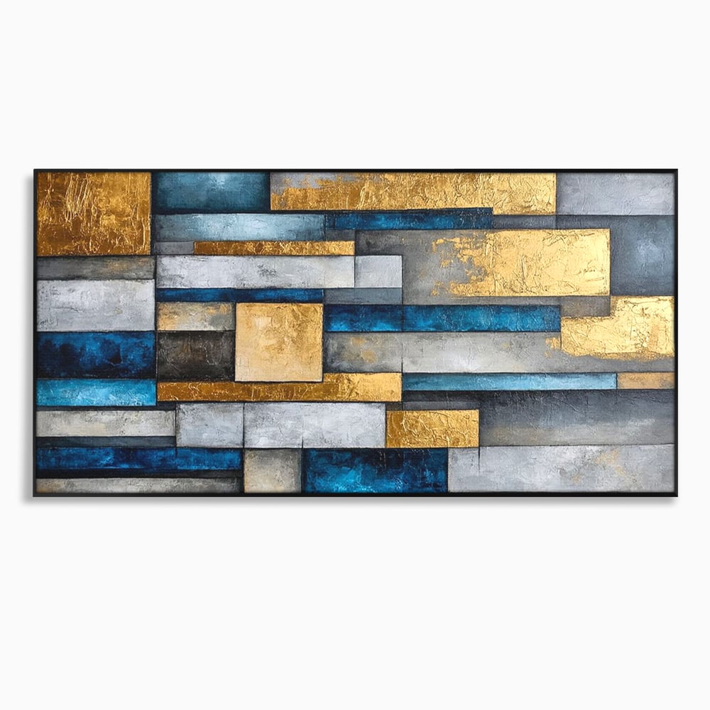 Tablou Canvas Premium, LuxCanva® C1285, Aur printre ziduri, Geometrie, Culori, Abstract, Auriu, Albastru, Linii, Straturi, Constructie, Profunzime, Minimalist, Modernism, Birou, Living, Dormitor