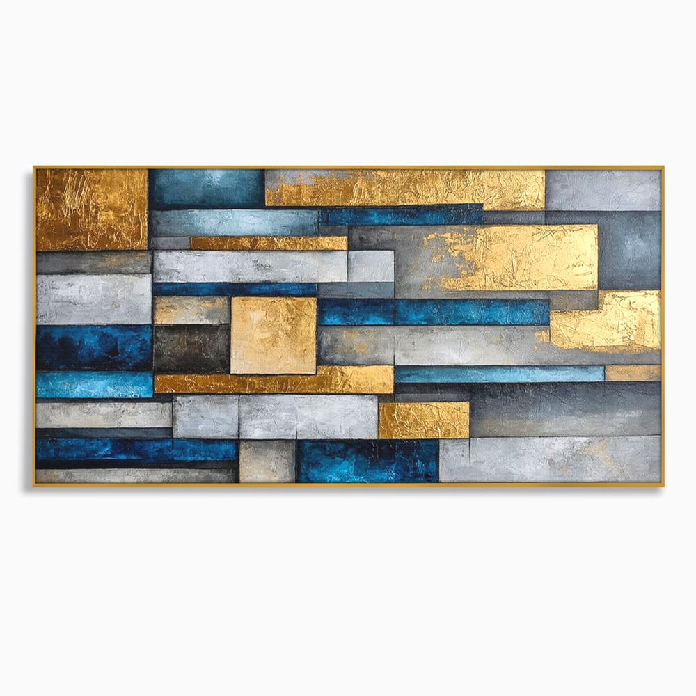 Tablou Canvas Premium, LuxCanva® C1285, Aur printre ziduri, Geometrie, Culori, Abstract, Auriu, Albastru, Linii, Straturi, Constructie, Profunzime, Minimalist, Modernism, Birou, Living, Dormitor