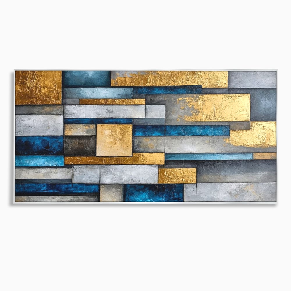 Tablou Canvas Premium, LuxCanva® C1285, Aur printre ziduri, Geometrie, Culori, Abstract, Auriu, Albastru, Linii, Straturi, Constructie, Profunzime, Minimalist, Modernism, Birou, Living, Dormitor