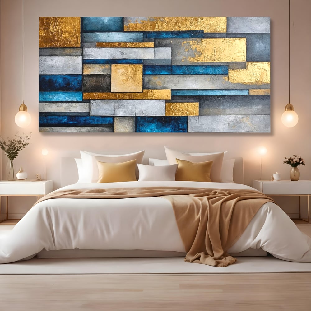 Tablou Canvas Premium, LuxCanva® C1285, Aur printre ziduri, Geometrie, Culori, Abstract, Auriu, Albastru, Linii, Straturi, Constructie, Profunzime, Minimalist, Modernism, Birou, Living, Dormitor
