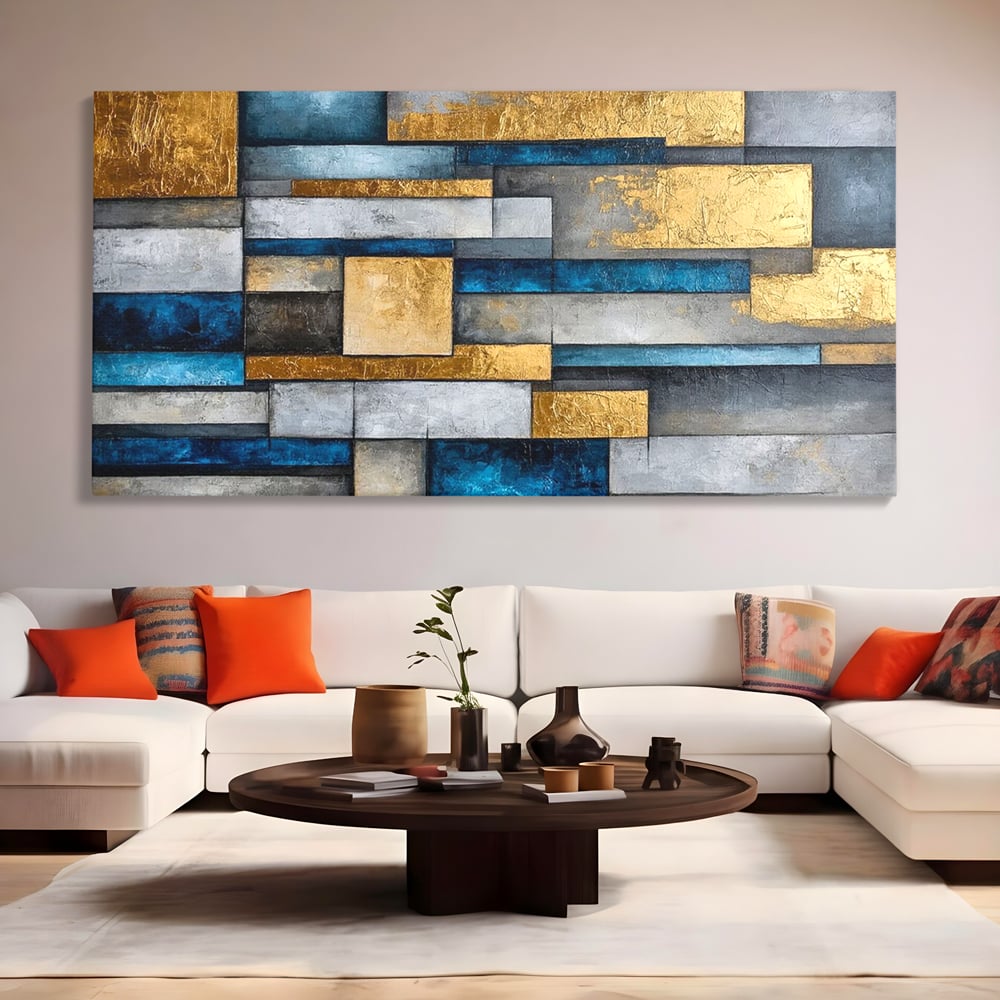 Tablou Canvas Premium, LuxCanva® C1285, Aur printre ziduri, Geometrie, Culori, Abstract, Auriu, Albastru, Linii, Straturi, Constructie, Profunzime, Minimalist, Modernism, Birou, Living, Dormitor