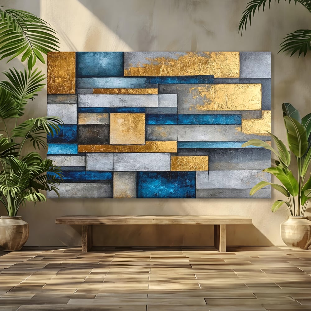 Tablou Canvas Premium, LuxCanva® C1285, Aur printre ziduri, Geometrie, Culori, Abstract, Auriu, Albastru, Linii, Straturi, Constructie, Profunzime, Minimalist, Modernism, Birou, Living, Dormitor