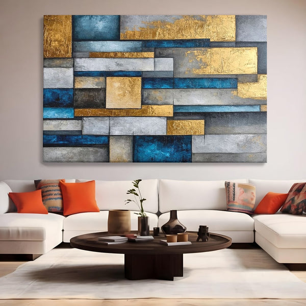 Tablou Canvas Premium, LuxCanva® C1285, Aur printre ziduri, Geometrie, Culori, Abstract, Auriu, Albastru, Linii, Straturi, Constructie, Profunzime, Minimalist, Modernism, Birou, Living, Dormitor