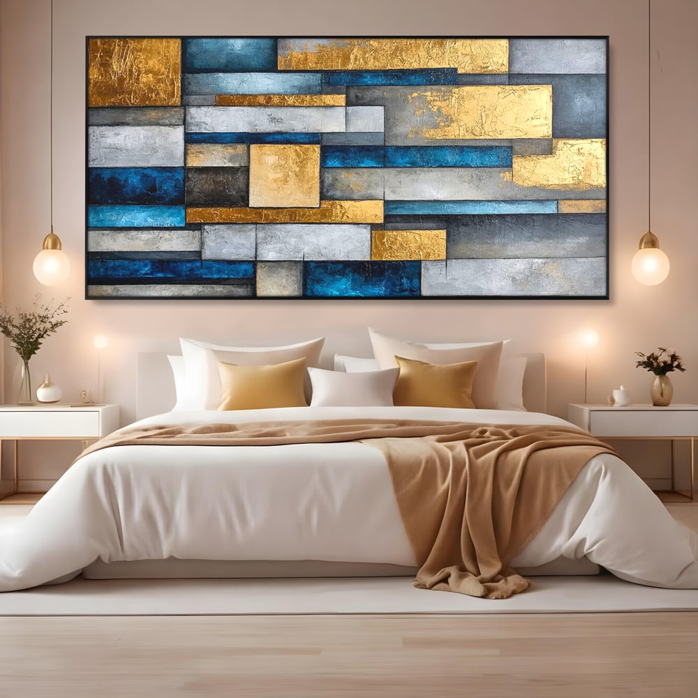 Tablou Canvas Premium, LuxCanva® C1285, Aur printre ziduri, Geometrie, Culori, Abstract, Auriu, Albastru, Linii, Straturi, Constructie, Profunzime, Minimalist, Modernism, Birou, Living, Dormitor
