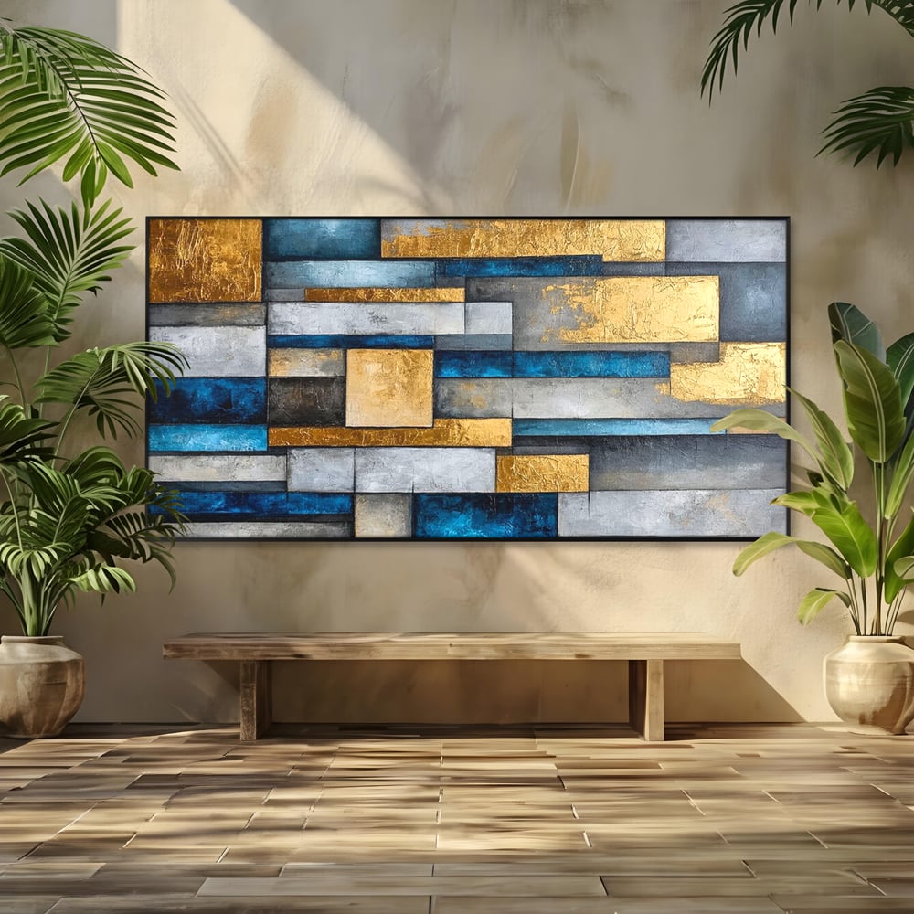Tablou Canvas Premium, LuxCanva® C1285, Aur printre ziduri, Geometrie, Culori, Abstract, Auriu, Albastru, Linii, Straturi, Constructie, Profunzime, Minimalist, Modernism, Birou, Living, Dormitor