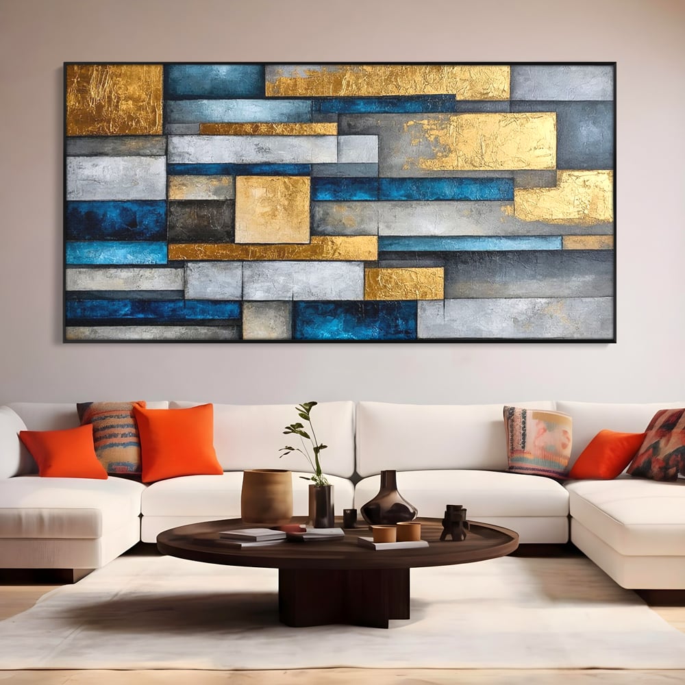 Tablou Canvas Premium, LuxCanva® C1285, Aur printre ziduri, Geometrie, Culori, Abstract, Auriu, Albastru, Linii, Straturi, Constructie, Profunzime, Minimalist, Modernism, Birou, Living, Dormitor
