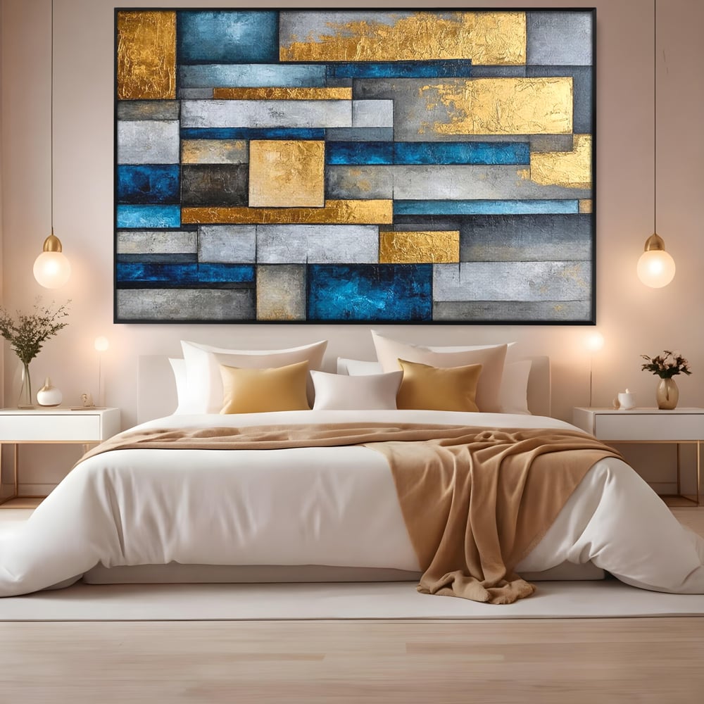 Tablou Canvas Premium, LuxCanva® C1285, Aur printre ziduri, Geometrie, Culori, Abstract, Auriu, Albastru, Linii, Straturi, Constructie, Profunzime, Minimalist, Modernism, Birou, Living, Dormitor