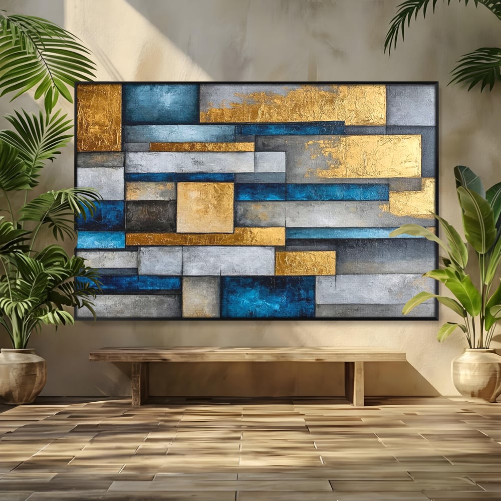 Tablou Canvas Premium, LuxCanva® C1285, Aur printre ziduri, Geometrie, Culori, Abstract, Auriu, Albastru, Linii, Straturi, Constructie, Profunzime, Minimalist, Modernism, Birou, Living, Dormitor