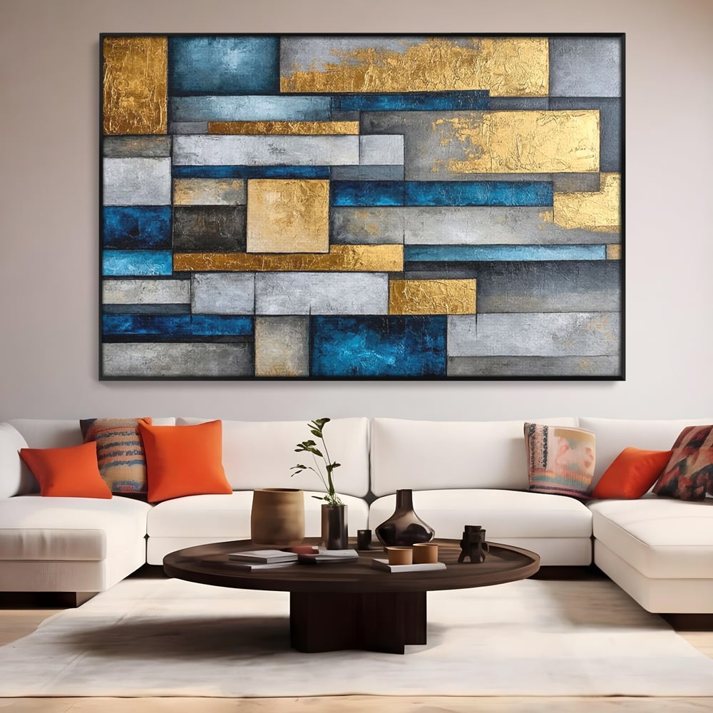 Tablou Canvas Premium, LuxCanva® C1285, Aur printre ziduri, Geometrie, Culori, Abstract, Auriu, Albastru, Linii, Straturi, Constructie, Profunzime, Minimalist, Modernism, Birou, Living, Dormitor