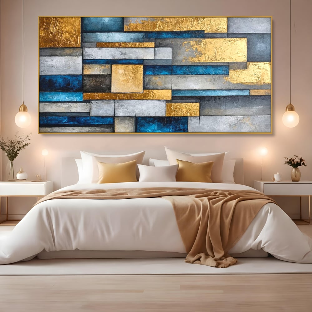 Tablou Canvas Premium, LuxCanva® C1285, Aur printre ziduri, Geometrie, Culori, Abstract, Auriu, Albastru, Linii, Straturi, Constructie, Profunzime, Minimalist, Modernism, Birou, Living, Dormitor