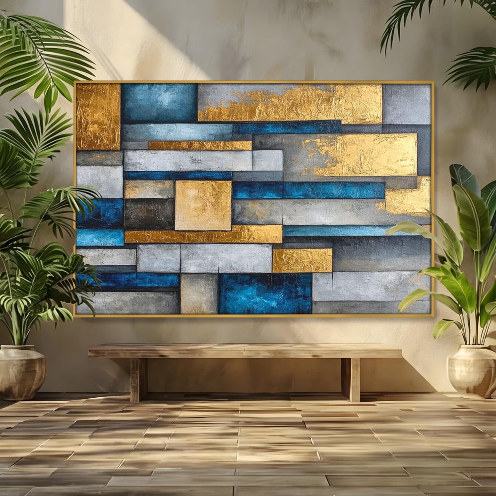 Tablou Canvas Premium, LuxCanva® C1285, Aur printre ziduri, Geometrie, Culori, Abstract, Auriu, Albastru, Linii, Straturi, Constructie, Profunzime, Minimalist, Modernism, Birou, Living, Dormitor