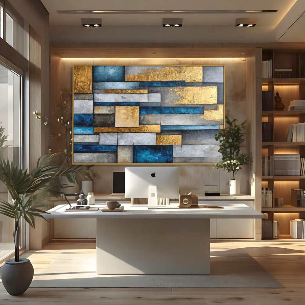 Tablou Canvas Premium, LuxCanva® C1285, Aur printre ziduri, Geometrie, Culori, Abstract, Auriu, Albastru, Linii, Straturi, Constructie, Profunzime, Minimalist, Modernism, Birou, Living, Dormitor