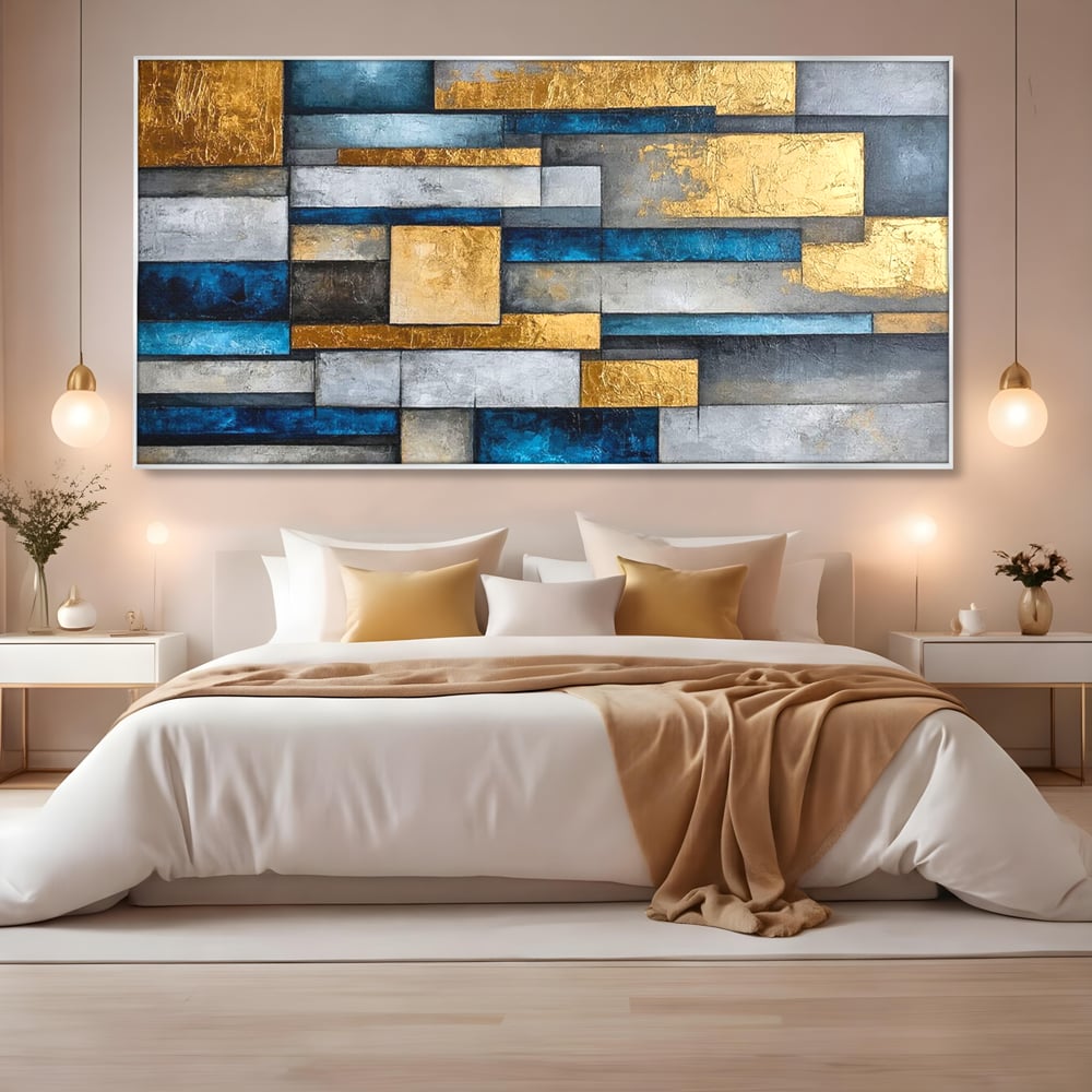 Tablou Canvas Premium, LuxCanva® C1285, Aur printre ziduri, Geometrie, Culori, Abstract, Auriu, Albastru, Linii, Straturi, Constructie, Profunzime, Minimalist, Modernism, Birou, Living, Dormitor