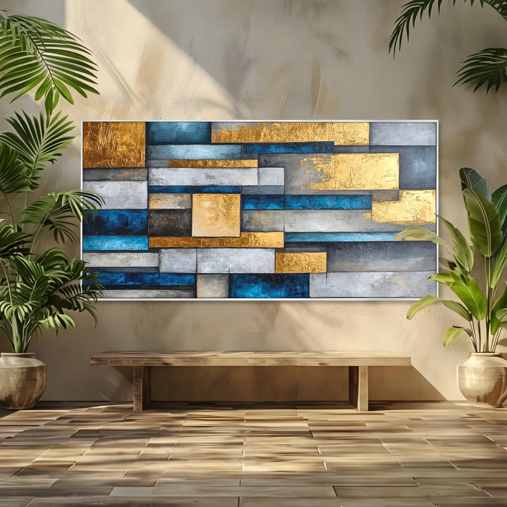 Tablou Canvas Premium, LuxCanva® C1285, Aur printre ziduri, Geometrie, Culori, Abstract, Auriu, Albastru, Linii, Straturi, Constructie, Profunzime, Minimalist, Modernism, Birou, Living, Dormitor