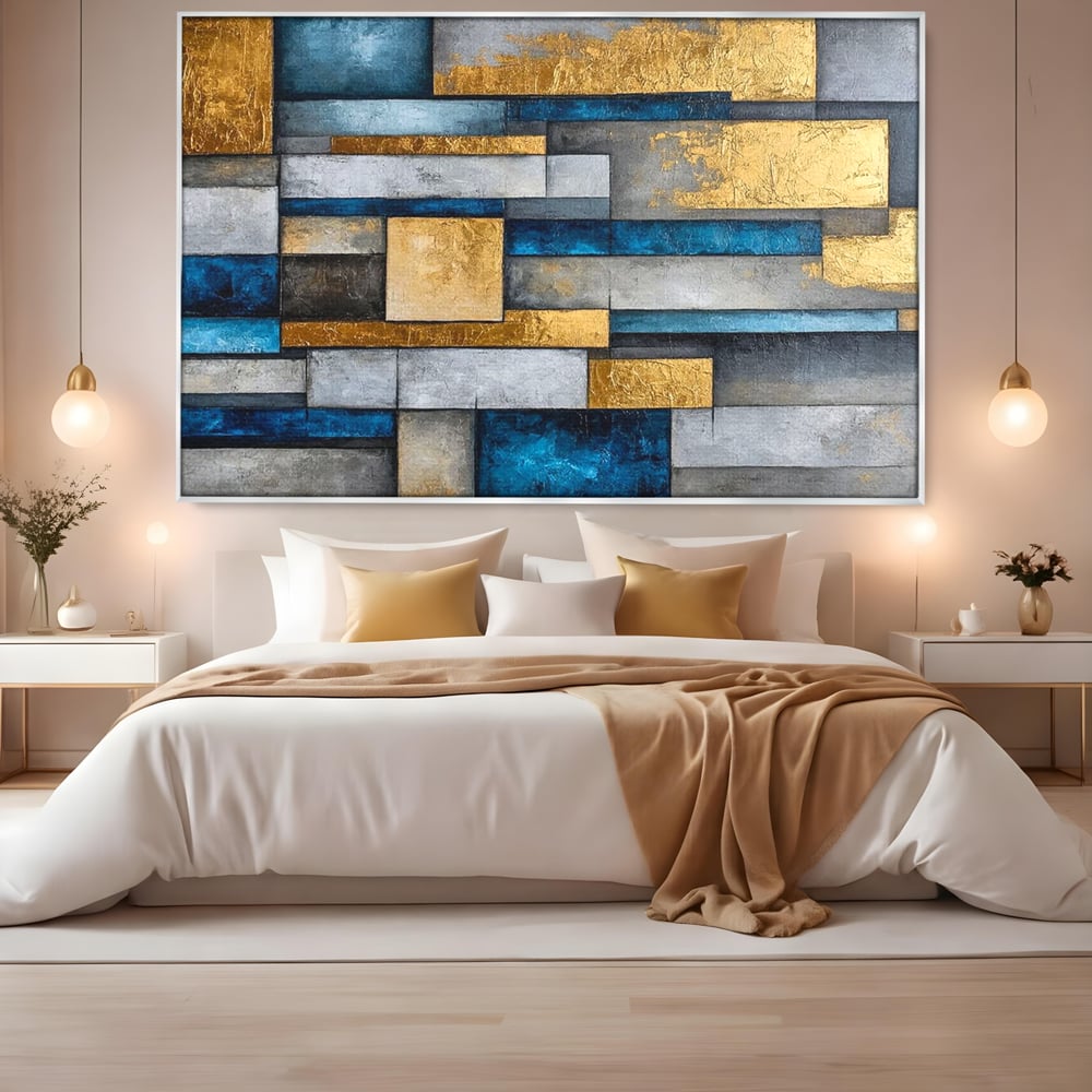 Tablou Canvas Premium, LuxCanva® C1285, Aur printre ziduri, Geometrie, Culori, Abstract, Auriu, Albastru, Linii, Straturi, Constructie, Profunzime, Minimalist, Modernism, Birou, Living, Dormitor