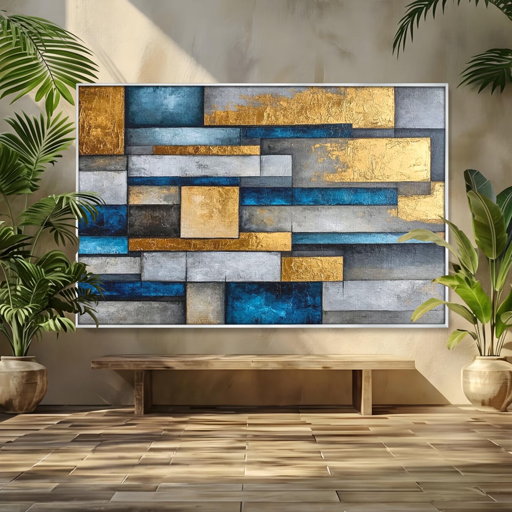 Tablou Canvas Premium, LuxCanva® C1285, Aur printre ziduri, Geometrie, Culori, Abstract, Auriu, Albastru, Linii, Straturi, Constructie, Profunzime, Minimalist, Modernism, Birou, Living, Dormitor