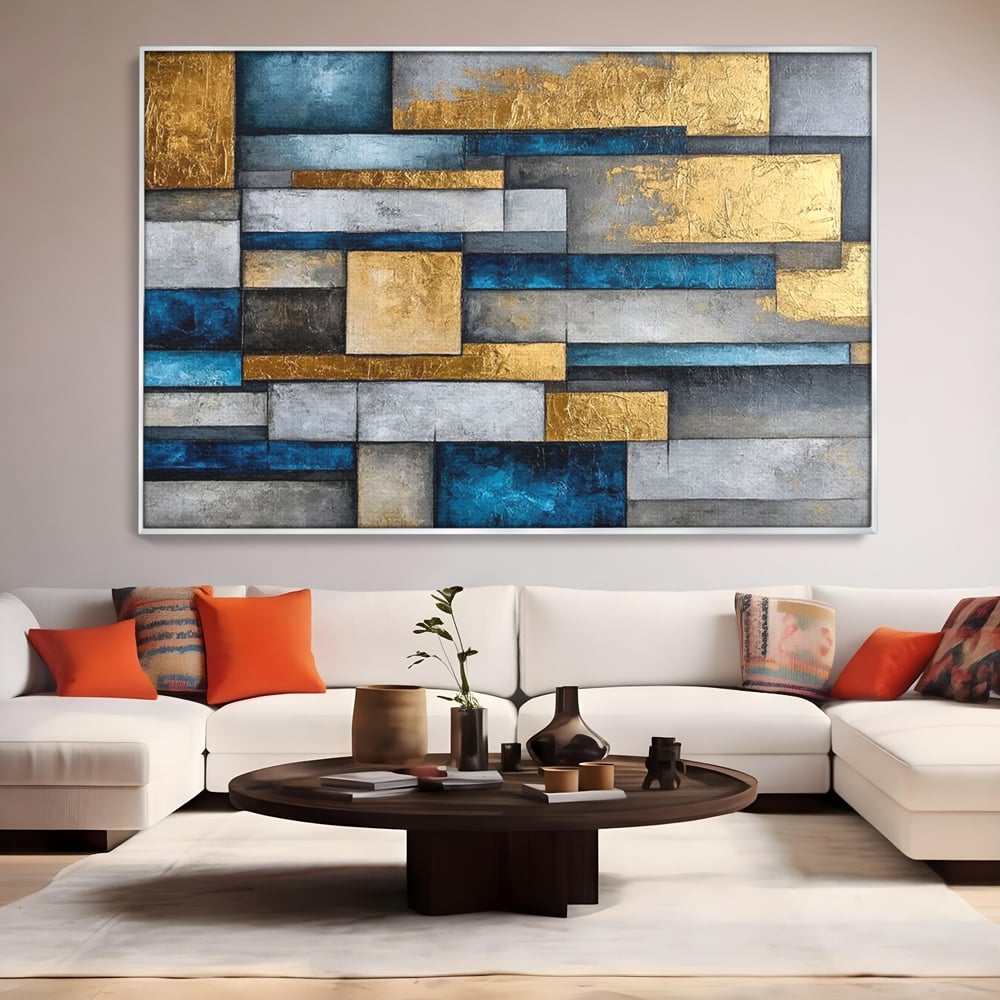 Tablou Canvas Premium, LuxCanva® C1285, Aur printre ziduri, Geometrie, Culori, Abstract, Auriu, Albastru, Linii, Straturi, Constructie, Profunzime, Minimalist, Modernism, Birou, Living, Dormitor