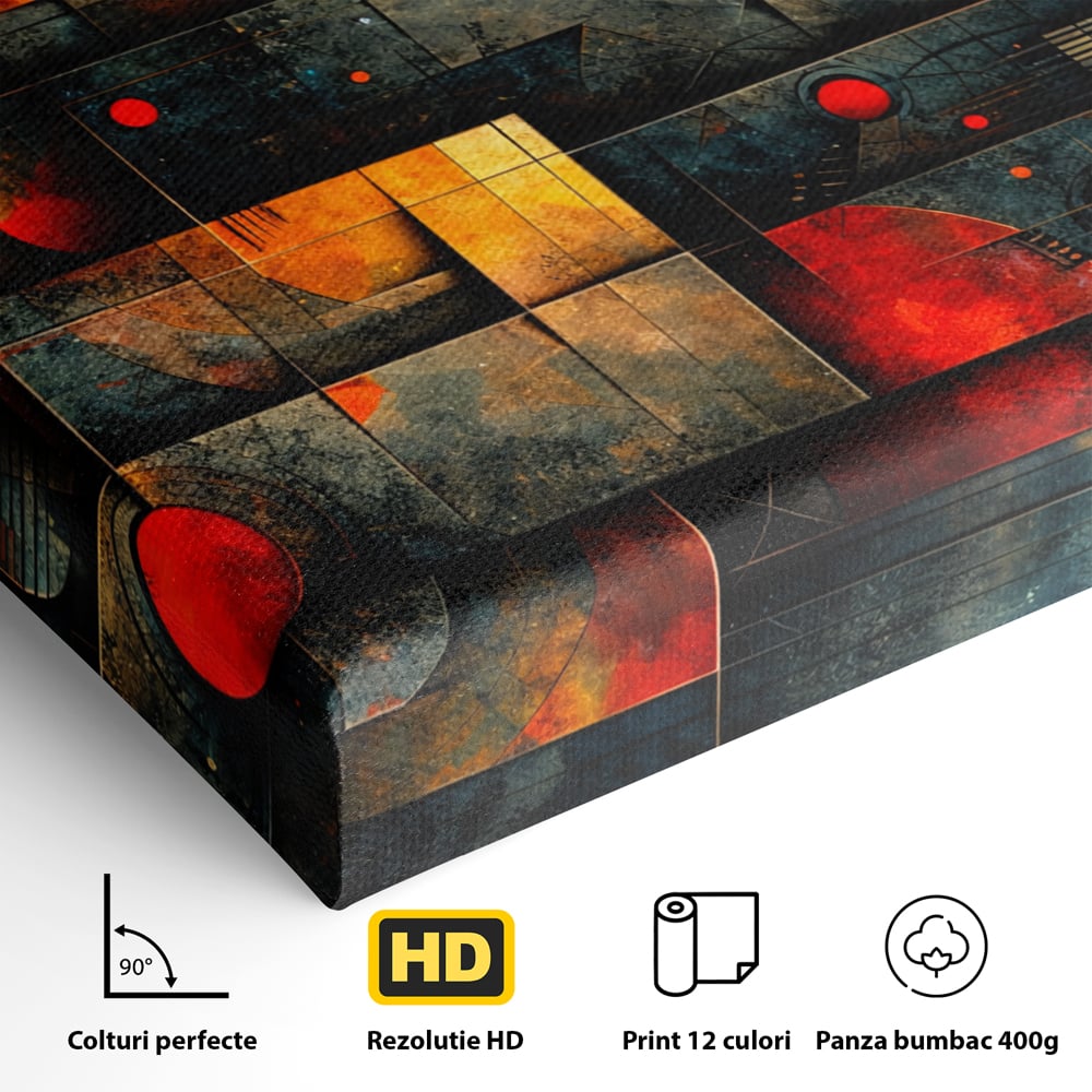 Tablou Canvas Premium, LuxCanva® C1286, Cosmologii Urbane, Geometrie, Culori, Abstract, Cercuri, Arc, Rosu, Foc, Jar, Industrial, Ocru, Contrast, Echilibru, Modern, Birou, Living, Dormitor