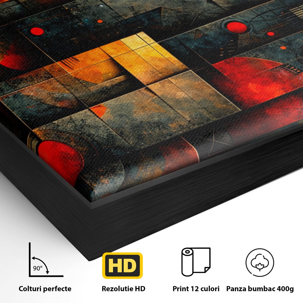Tablou Canvas Premium, LuxCanva® C1286, Cosmologii Urbane, Geometrie, Culori, Abstract, Cercuri, Arc, Rosu, Foc, Jar, Industrial, Ocru, Contrast, Echilibru, Modern, Birou, Living, Dormitor