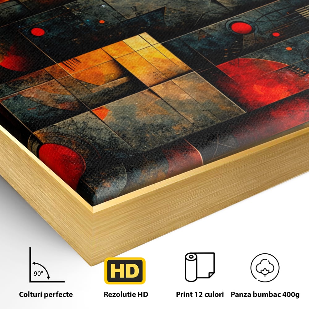 Tablou Canvas Premium, LuxCanva® C1286, Cosmologii Urbane, Geometrie, Culori, Abstract, Cercuri, Arc, Rosu, Foc, Jar, Industrial, Ocru, Contrast, Echilibru, Modern, Birou, Living, Dormitor