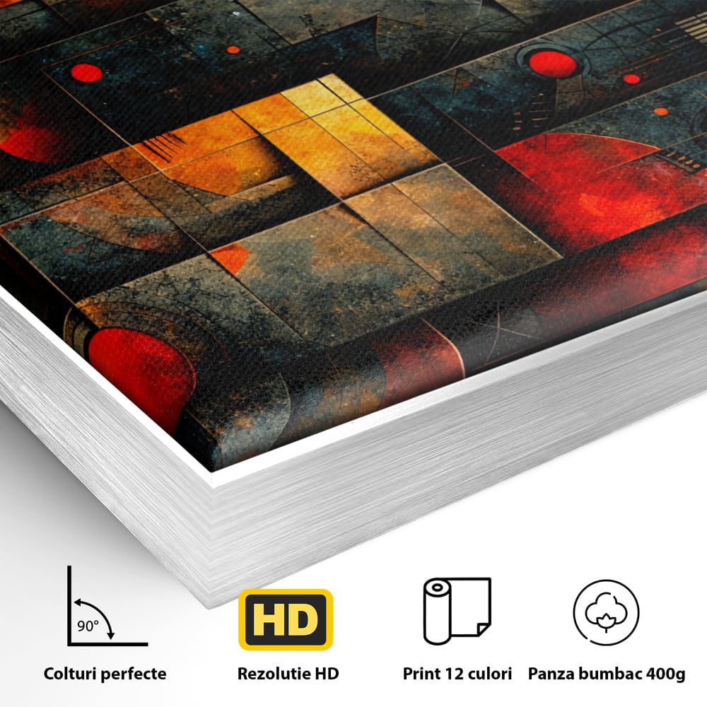 Tablou Canvas Premium, LuxCanva® C1286, Cosmologii Urbane, Geometrie, Culori, Abstract, Cercuri, Arc, Rosu, Foc, Jar, Industrial, Ocru, Contrast, Echilibru, Modern, Birou, Living, Dormitor