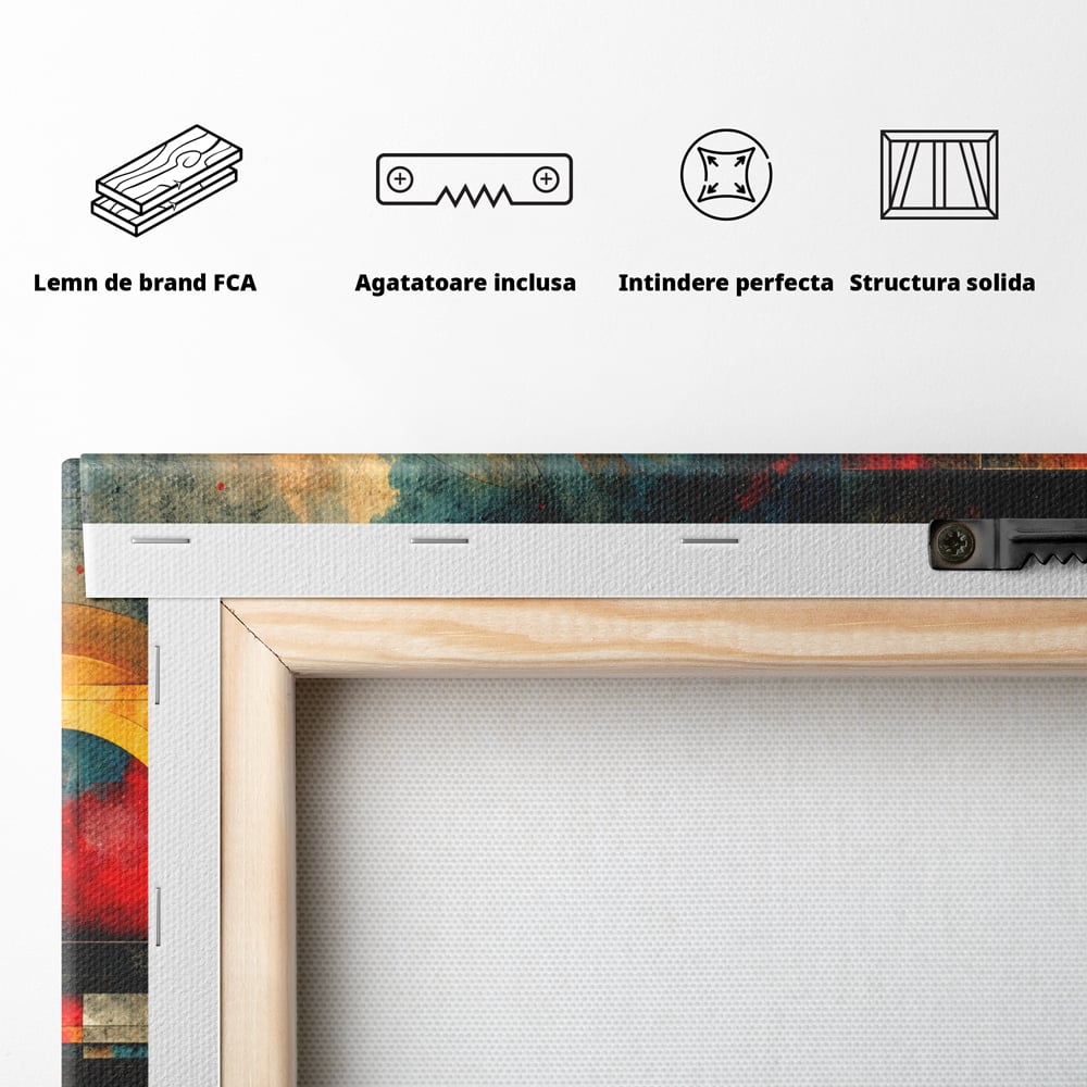 Tablou Canvas Premium, LuxCanva® C1286, Cosmologii Urbane, Geometrie, Culori, Abstract, Cercuri, Arc, Rosu, Foc, Jar, Industrial, Ocru, Contrast, Echilibru, Modern, Birou, Living, Dormitor